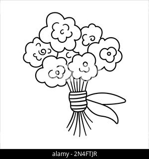 Bouquet vettoriale bianco e nero primaverile o estivo isolato su sfondo bianco. Bella illustrazione di linea con fiori di rosa legati con un arco. Floreale de Illustrazione Vettoriale