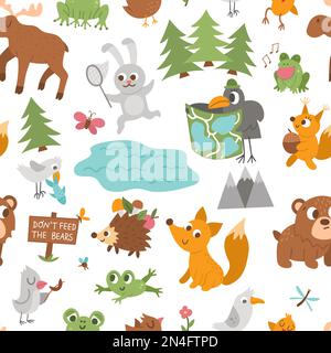 Modello vettoriale senza cuciture con animali della foresta, insetti e uccelli. Divertente falò di campo woodland carta digitale. Cute foresta ripetere sfondo per i bambini con mou Illustrazione Vettoriale