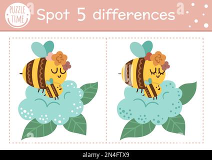 Il giorno delle madri trova le differenze gioco per i bambini. Vacanza attività educativa con divertente bumblebee bambino e sua madre. Foglio di lavoro stampabile con carino c Illustrazione Vettoriale