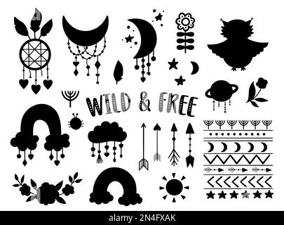 Collezione di silhouette Vector selvatiche e libere. Set di illustrazioni bohémien in bianco e nero. Mezza luna, pianeta, catcher sogno, fiori, frecce, gufo isolat Illustrazione Vettoriale