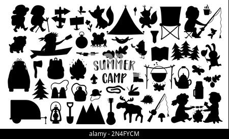 Set di silhouette per campi estivi Vector. Campeggio, escursioni, pesca attrezzatura nera e bianca collezione con bambini carini e animali della foresta. Natura all'aperto Illustrazione Vettoriale