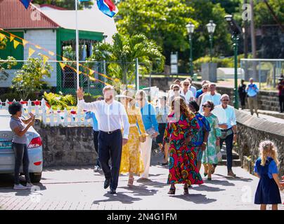 Re Willem-Alexander, la regina Maxima e la principessa Amalia dei Paesi Bassi a Oranjestad, il 08 febbraio 2023, per una passeggiata attraverso la città vecchia il 9th° giorno della visita ai Caraibi Foto: Albert Nieboer/Paesi Bassi OUT/Point de Vue OUT Foto Stock