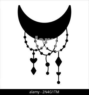 Silhouette a mezzaluna Vector boho con pendenti. Bohémien nero orizzontale mezza luna icona isolata su sfondo bianco. Illustrazione dell'ombra celeste decorata Illustrazione Vettoriale