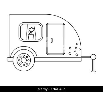 Rimorchio turistico Vector bianco e nero con porta e finestra. Carino profilo camper isolato su sfondo bianco. Camping carrier linea auto illustrati Illustrazione Vettoriale