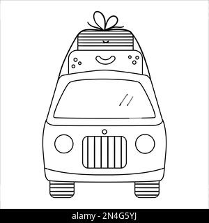 Van turistico Vector bianco e nero con valigie in cima. Carino contorno camper. Illustrazione di auto da campeggio con line art. Concetto di veicolo di viaggio lineare. Funn Illustrazione Vettoriale