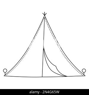 Tenda da campeggio Vector in bianco e nero. Icona della linea del tè della foresta isolata su sfondo bianco. Attrezzatura per il viaggio all'aria aperta nella natura. Delineare l'illustrazione della tettoia Illustrazione Vettoriale