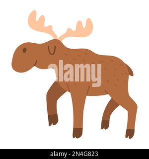 Alci vettoriali. Divertente animale boschivo. Simpatica illustrazione della foresta per i bambini isolati su sfondo bianco. Adorabile Elk Walking icona Illustrazione Vettoriale