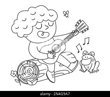 Vettore bianco e nero carino ragazzo suonare la chitarra e cantare seduto su un log. Scena di fuoco con capretto e rana. Delineare il viaggiatore isolato su bianco Illustrazione Vettoriale