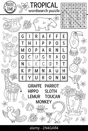 Puzzle vettoriale in bianco e nero tropicale wordsearch per bambini. Semplice crocevia estiva con animali esotici e uccelli per bambini. Attività con parola chiave Illustrazione Vettoriale