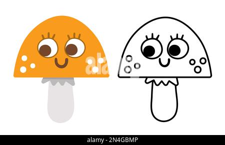Carino vettore sorridente kawaii fungo colorato e bianco e nero illustrazione. Autunno piano e linea stile pianta. Cappellino di morte divertente o toadstool isolato Illustrazione Vettoriale