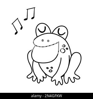 Rana cantata in bianco e nero vettoriale. Divertente animale palude boschiva. Illustrazione della linea della foresta carina per i capretti isolati su sfondo bianco. Delineare il quadro strumenti Illustrazione Vettoriale