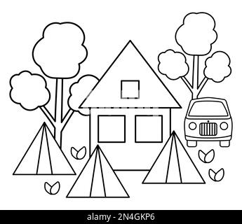 Campo estivo scena in bianco e nero con casa, tenda, furgone, foresta. Illustrazione del fuoco vettoriale. Vacanze attive o turismo locale paesaggio boschivo fuori Illustrazione Vettoriale
