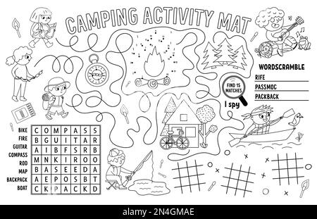 Vettore camping placemat. Estate campeggio vacanze tappetino attività stampabile con labirinto, TIC tac tep grafici, collegare i punti, ricerca parole. Gioco in bianco e nero Illustrazione Vettoriale