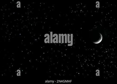 WAXING CRESCENT MOON IN STARRY BLACK NIGHT SKY Foto Stock