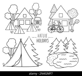 Campo estivo scene in bianco e nero con casa, lago, tenda, furgone, foresta. Illustrazione della linea di fuoco vettoriale. Vacanze attive o turismo locale woodla Illustrazione Vettoriale