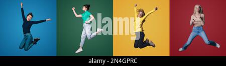 Collage di quattro donne moderne spensierate e attraenti che hanno età diferenti, buon umore, saltando con le mani sollevate isolate sopra lo sfondo di colore. Alla moda Foto Stock