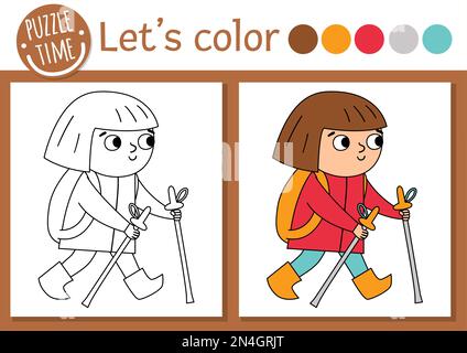 Camping pagina da colorare per bambini. Divertente ragazza escursionistica con zaino. Vettore natura contorno illustrazione con carino trekking capretto. Adorabile colore estivo Illustrazione Vettoriale