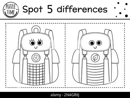 Campeggio trovare differenze gioco per i bambini. Attività educativa in bianco e nero e pagina da colorare con simpatico zaino kawaii sorridente. Campo estivo o r Illustrazione Vettoriale