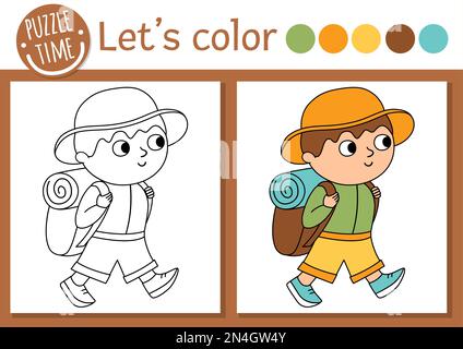 Camping pagina da colorare per bambini. Divertente ragazzo escursionistico con zaino. Vettore natura contorno illustrazione con carino trekking capretto. Adorabile colore estivo b Illustrazione Vettoriale