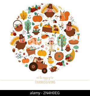 Struttura rotonda vettoriale con tacchino comico, animali della foresta, elementi del Ringraziamento, zucche, raccolto. Modello autunnale per banner, poster, invi Illustrazione Vettoriale