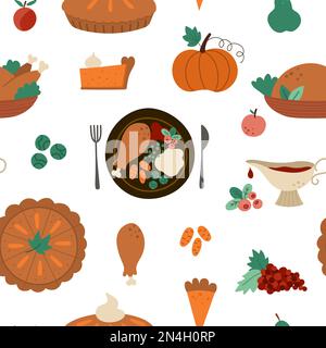 Modello Vector Thanksgiving senza cuciture con dessert e piatti tradizionali. Cute sfondo divertente ripetizione con pasto di festa di autunno. PA digitale Fall food Illustrazione Vettoriale