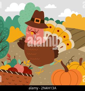 Paesaggio di piazza autunno scena con tacchino carino, campi, raccolto, natura. Biglietto comico del giorno del Ringraziamento con uccello divertente, zucche, mele. Vettore orizzontale Illustrazione Vettoriale