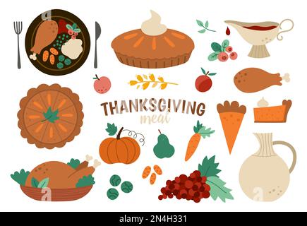 Set vettoriale di dolci tradizionali del Ringraziamento e piatti isolati su sfondo bianco. Simpatico illustrazione divertente del pasto di festa di autunno. Autunno cibo col Illustrazione Vettoriale