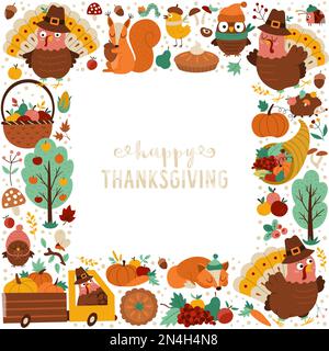 Struttura quadrata vettoriale con tacchino comico, animali della foresta, elementi del Ringraziamento, zucche, raccolto. Modello autunnale per striscioni, poster, inv Illustrazione Vettoriale