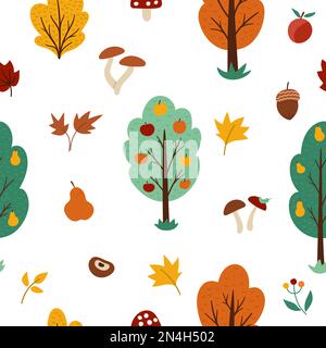 Vettore autunno foresta o giardino senza cuciture modello con alberi da frutto, piante, arbusti, cespugli, funghi. Autunno mela e pera giardino ripetizione sfondo. NAT Illustrazione Vettoriale