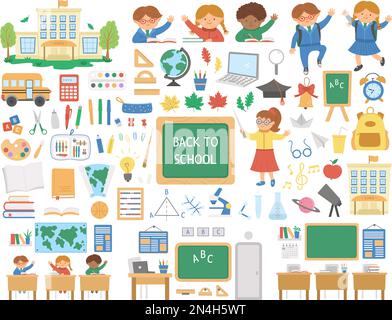 Grande back to scuola vettore set di elementi. Collezione di clipart educative giganti. Oggetti di classe in stile piatto carino con forniture, edificio scolastico, autobus Illustrazione Vettoriale