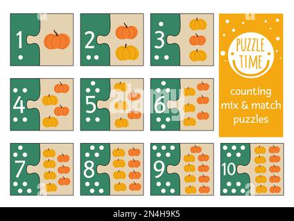 Vector Fall Thanksgiving mix e puzzle partita con zucche. Attività matematiche corrispondenti per i bambini in età prescolare. Raccolta autunnale didattica conteggio stampabile Illustrazione Vettoriale