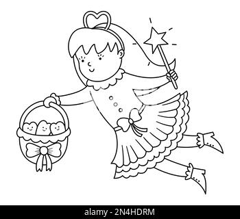 Icona vettore fata con denti volanti in bianco e nero. Kawaii delineano la principessa fantasy con un cesto pieno di denti sorridenti. Immagine divertente di cura dentale della linea per Illustrazione Vettoriale
