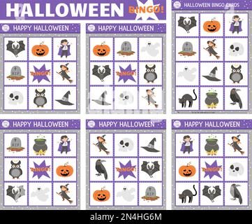 Set di carte di bingo di Halloween vettoriali. Divertente gioco da tavolo per famiglie con simpatica strega, lanterna, vampiro per bambini. Autunno autunno festa lotteria attività. Semplice Illustrazione Vettoriale