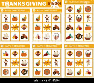 Set di carte Vector Thanksgiving Bingo. Divertente gioco da tavolo per famiglie con tacchino carino, zucca, pellegrino per i bambini. Autunno autunno festa lotteria attività. Si Illustrazione Vettoriale