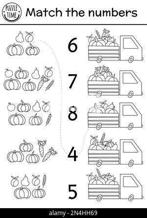 Abbina i numeri gioco in bianco e nero con van e raccolto. Linea autunnale attività matematica fattoria con verdure carine, frutta. Countin educativo stampabile Illustrazione Vettoriale