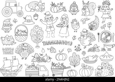 Set di elementi vettoriali in bianco e nero per il Ringraziamento. Collezione di icone della linea autunnale con pellegrini divertenti, nativi americani, tacchino, animali, raccolto, cornuco Illustrazione Vettoriale