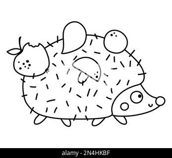 Carino riccio bianco e nero con funghi, mele, foglie di polli. Vettore contorno carattere autunnale. Icona di linea animale del bosco autunnale. Divertente foresta o Illustrazione Vettoriale