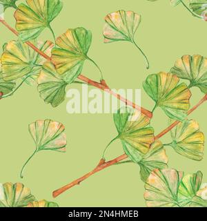 Foglie verdi e gialle di ginkgo con motivo senza cuciture, stampa fogliame di botanica. Rami acquerelli. Elementi botanici per logo, etichette e imballaggi de Foto Stock