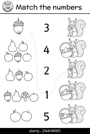Abbina i numeri gioco in bianco e nero con scoiattolo e cesto di frutta. Autunno linea fattoria o attività matematica foresta con animali carino. Stampa educativa Illustrazione Vettoriale