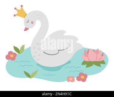 Fiaba vettore cigno principessa. Fantasy uccello in corona in stagno con giglio d'acqua isolato su sfondo bianco. Carattere animale da favola. La magia dei cartoni animati Illustrazione Vettoriale