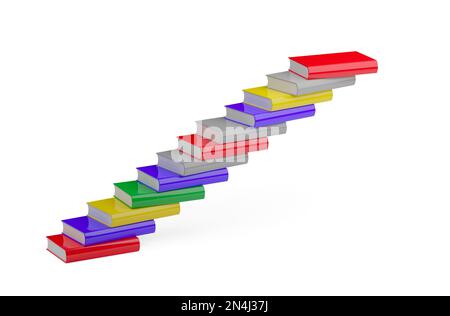 Libri hardcover che formano i punti o la scala sopra lo sfondo bianco, l'obiettivo di studio o di carriera o il concetto di successo, illustrazione 3D Foto Stock