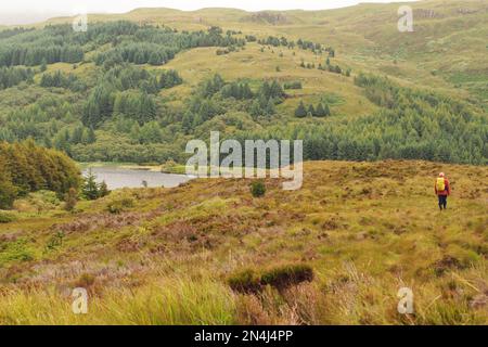 Un uomo 60+ che cammina verso Loch Carnain e Amais, sulle colline, Mull, Scozia. Regno Unito da Crater Loch con un cappotto rosso e zaino Hi-viz Foto Stock