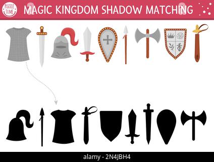 Attività di abbinamento delle ombre da favola con sward, scudo, casco. Puzzle magic kingdom con armatura tradizionale cavaliere. Trovare la silhouette stampabile corretta w Illustrazione Vettoriale