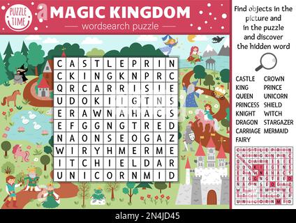 Puzzle vettoriale di ricerca di parole da favola per bambini. Semplice cruciverba del regno magico con creature fantasy per i bambini. Attività con cavaliere, castello, principi Illustrazione Vettoriale