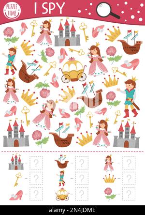 Fantasy da favola i gioco spia per bambini. Attività di ricerca e conteggio con castello, principessa, principe. Foglio di lavoro stampabile Magic kingdom per prescolare Illustrazione Vettoriale