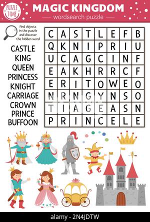 Puzzle vettoriale di ricerca di parole da favola per bambini. Semplice cruciverba del regno magico con creature fantasy per i bambini. Attività con cavaliere, castello, principi Illustrazione Vettoriale