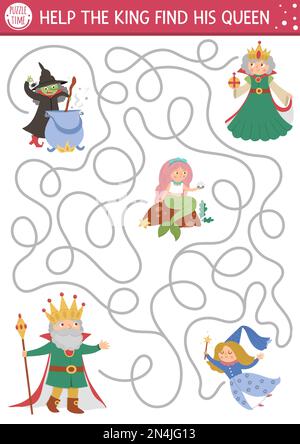 Labirinto da favola per bambini con personaggi fantasy. Magic kingdom attività stampabile prescolare con strega, fata, sirena. Gioco labirinto di fiaba o p Illustrazione Vettoriale