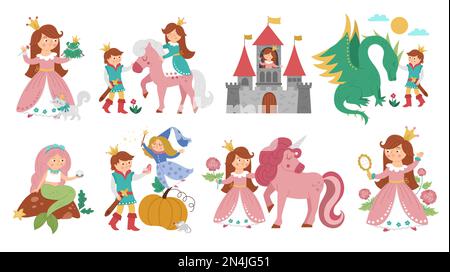 Fiaba vettore principessa set. Collezione fantasy girl. Cameriera fiabesca medievale in abito rosa. Pacchetto icone magiche girlish cartone animato. Cenerentola, dorme Illustrazione Vettoriale