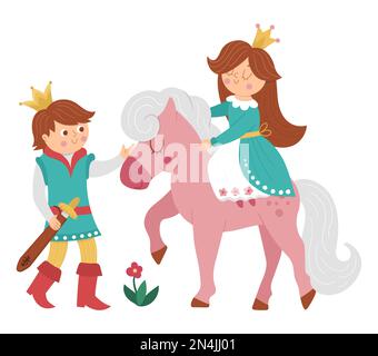 Principessa di fiaba con principessa su un cavallo rosa su sfondo bianco. Vettore fantasy giovane monarca in corona con ragazza. Personaggi fiabeschi medievali. C Illustrazione Vettoriale