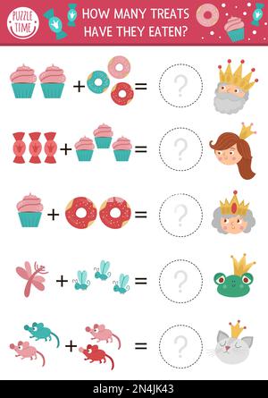 Quanti tratta gioco con carini personaggi da favola, ciambelle, dolci. Magic kingdom attività di aggiunta matematica per bambini prescolare. Stampabile semplice cou Illustrazione Vettoriale
